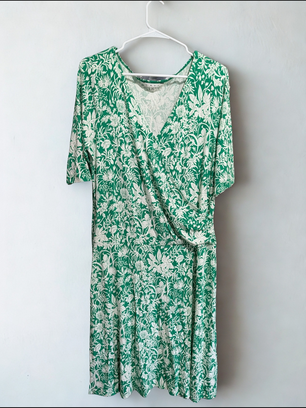 CAbi Green and White Floral Wrap Midi Dress